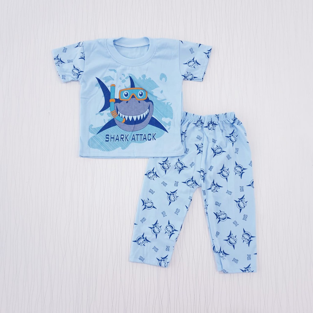 setelan piyama anak celana panjang shark attack / baju tidur bayi cowo hiu