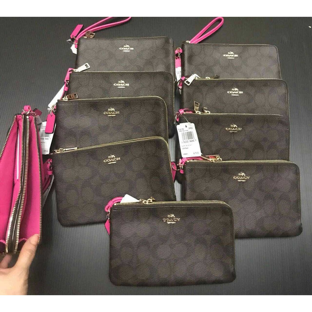 

Coach Large Wristlet Sign Darkbrown Fuschia sz 20 x 12 cm double zip