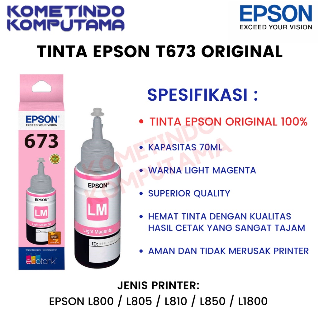 T 673 LIGHT MAGENTA 70ml Tinta Epson Original Untuk Epson L800, L805, L850, L1800 T673 ORIGINAL 100% 673