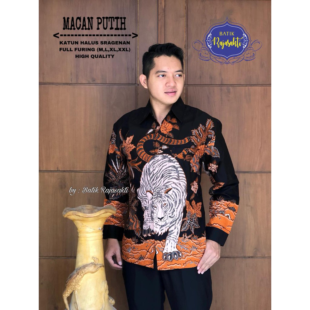 MACAN PUTIH Kemeja Batik Pria Lengan Panjang Katun Halus FULL FURING Rajasakti