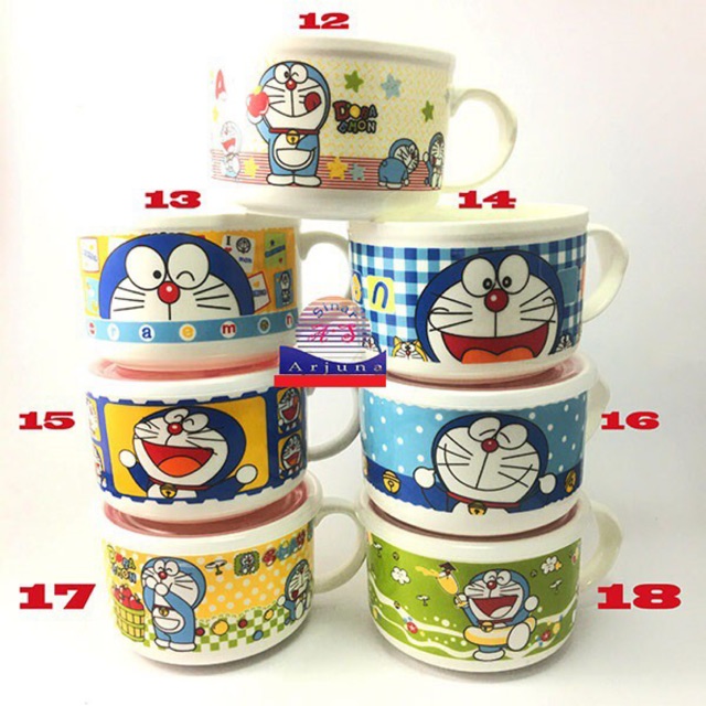 mug mangkok keramik  karakter lucu doraemon minion tempat bakso dan mie tutup srikon