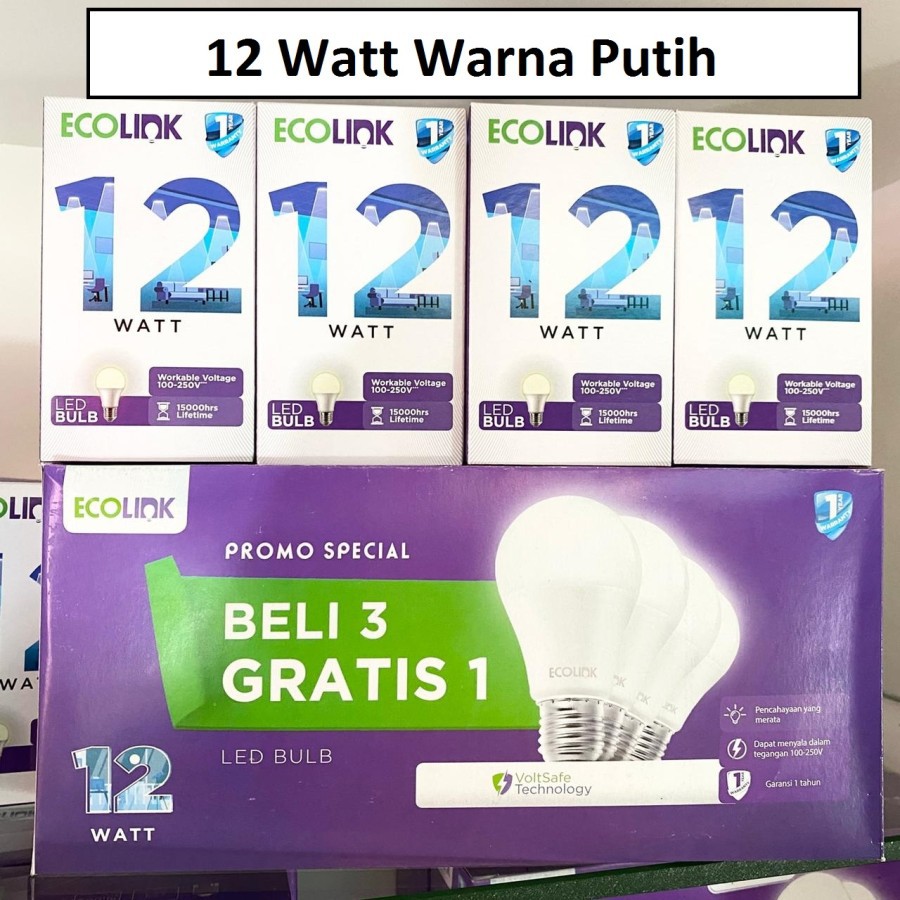 PROMO BELI 3 GRATIS 1 Lampu Bohlam LED Bulb 12 Watt 12Watt 12W W Putih ECOLINK