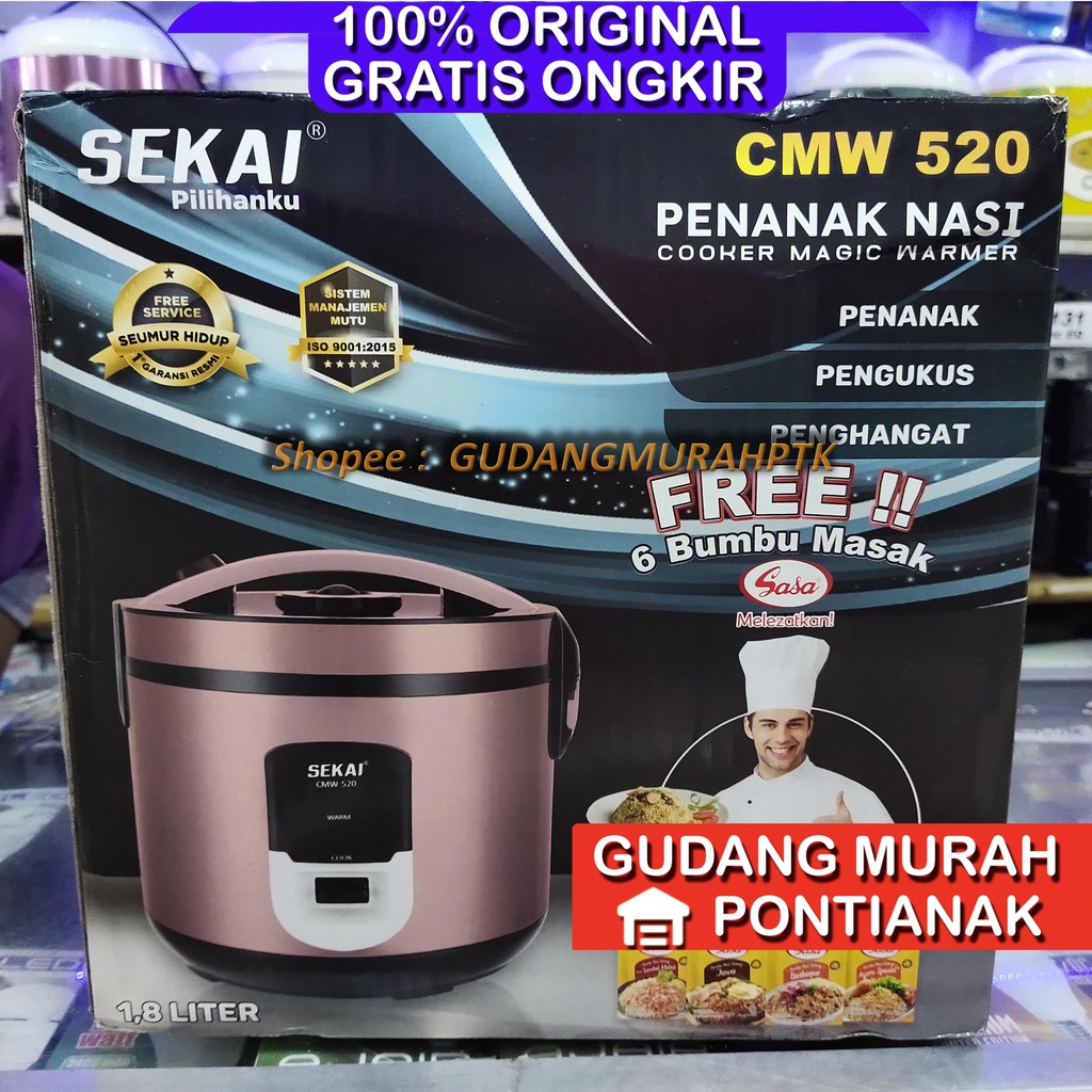 Rice Cooker SEKAI Stainless EMAS KUALITAS TOP ORIGINAL / Penanak Nasi Magic Com Penghangat Nasi 3 in 1 / stenles Body 1.8L - CMW 520 magicom mejikom