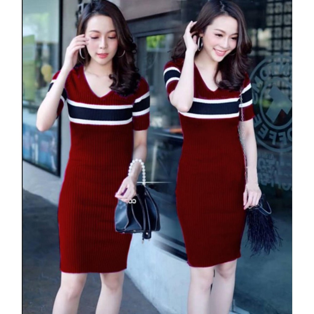 ZRS [COD] + [GRATIS ONGKIR] V Dress RAJUT Salur / Dress Rajut / Dress Wanita Korea / DRESS PREMIUM