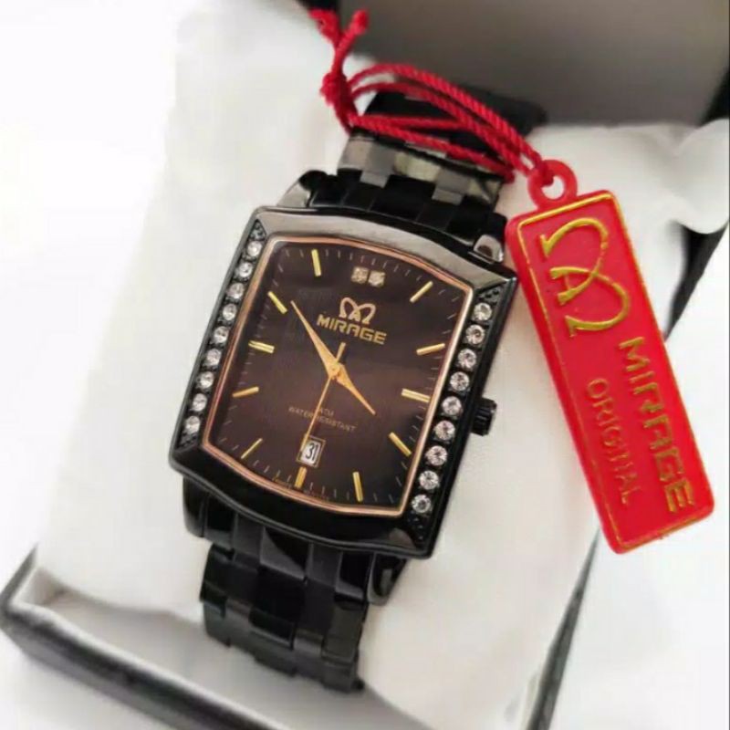 jam tangan pria;MIRAGE M7442BSP-L segi hitam permata~ORIGINAL WATER RESISTANT~TGL~STAINLEES