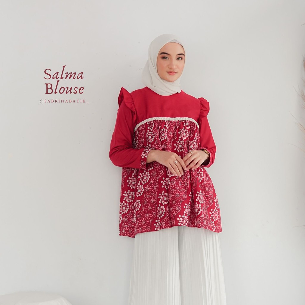 Salma Blouse Atasan Batik Kerja Kantor Cantik Cap Katun Modern Modis Kekinian Maroon