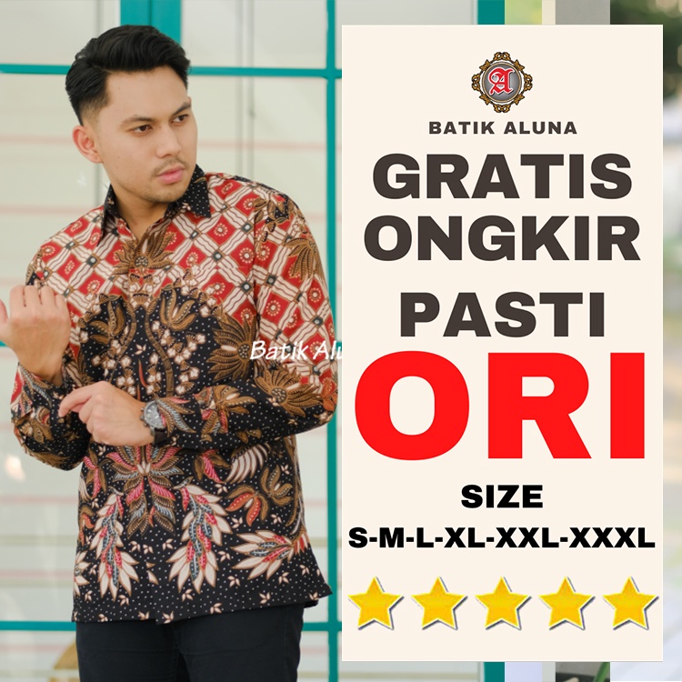 Baju Batik Pria Dewasa Lengan Panjang Modern Ukuran Jumbo Kemeja Batik Cowok Aluna Premium K087