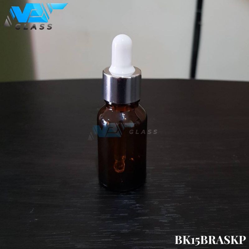 botol kaca pipet 15ml amber / coklat - ring almunium silver