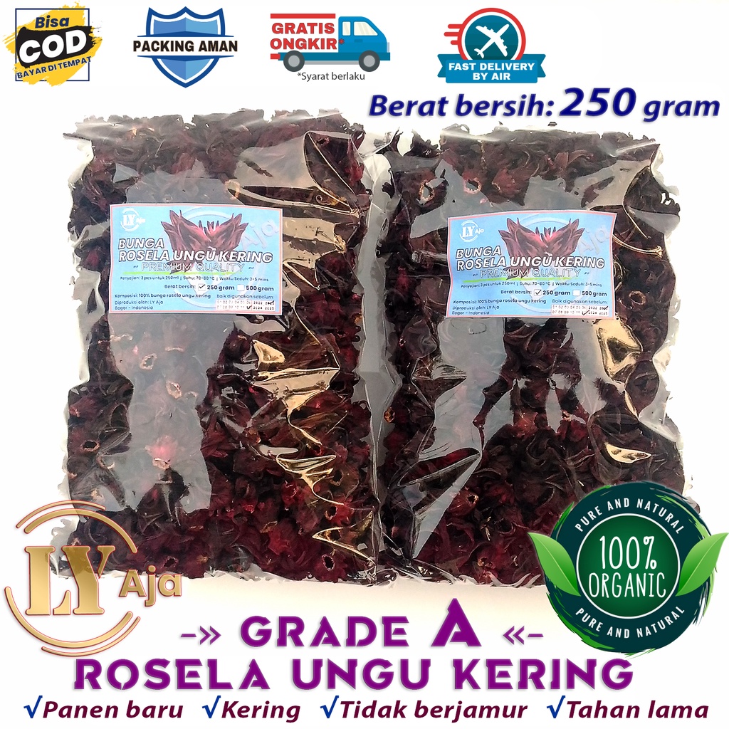 Teh Bunga Rosela UNGU Kering 250 Gram Rosella Roselle Grade A Premium LY Aja 250 Gr Herbal Pelangsing Diet