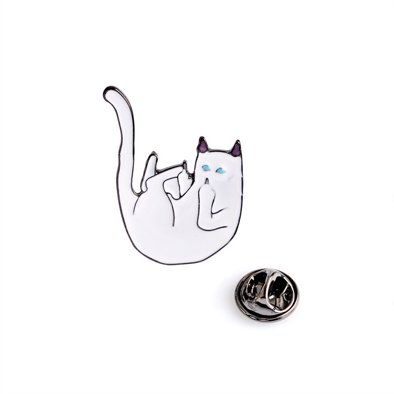 Bros Pin Enamel Desain Kartun Kucing Jari Tengah Warna Putih Untuk Kerah Kemeja