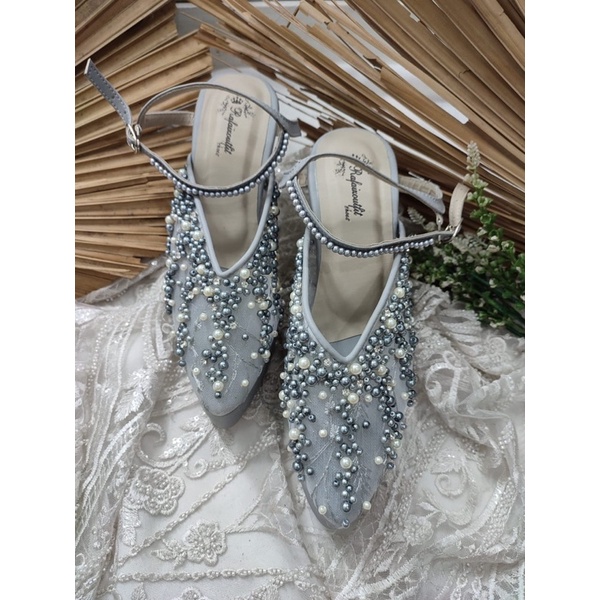 sepatu wedding wanita kiasya grey tali 10cm tahu