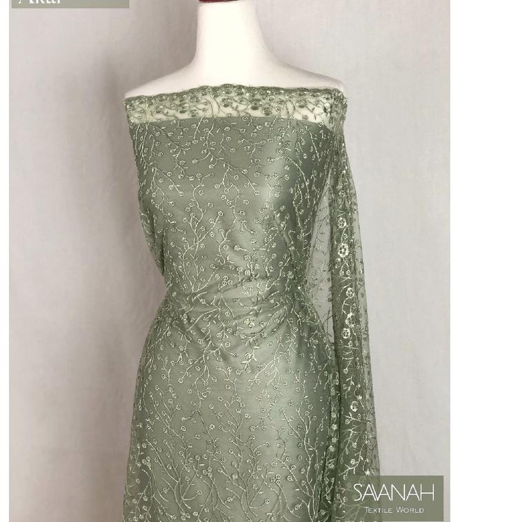た 1/2 meter Kain Brokat Tile Prancis Bahan Kebaya Motif Akar AVOCADO (SAGE GREEN) Floral Bunga Garis