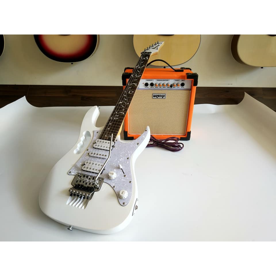 Paket Gitar Listrik Ibanez Jem Flower White dan amply orange