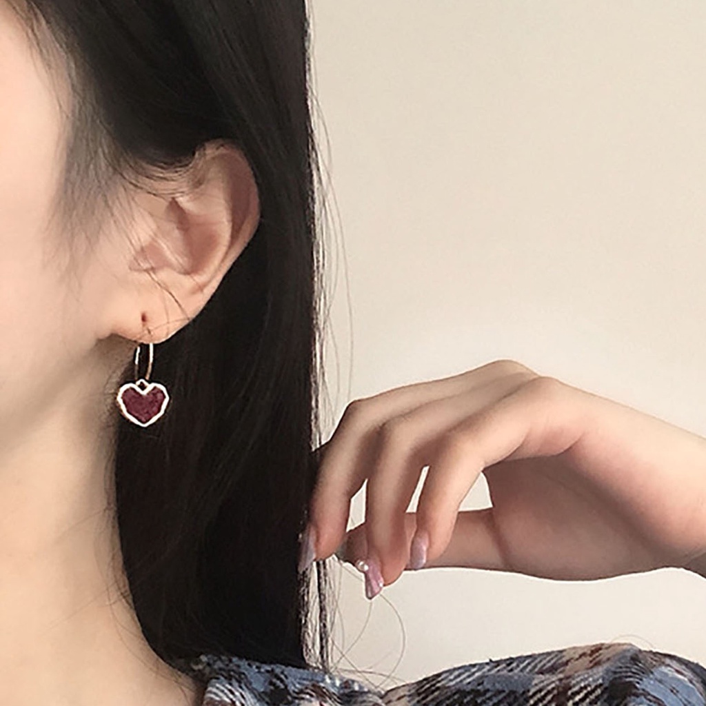 Hu Hu Hu Hu Hu Alat Bantu Pasang Kacamata♡ Anting Tusuk Bentuk Hati Warna Merah Wine Gaya Korea Untuk Wanita