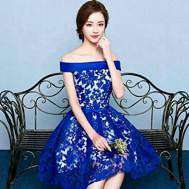 Dress Brukat Alisa Biru Benhur Terusan Pesta Blue Natal Gaun Imlek Wanita Cantik Korea Pita New Year