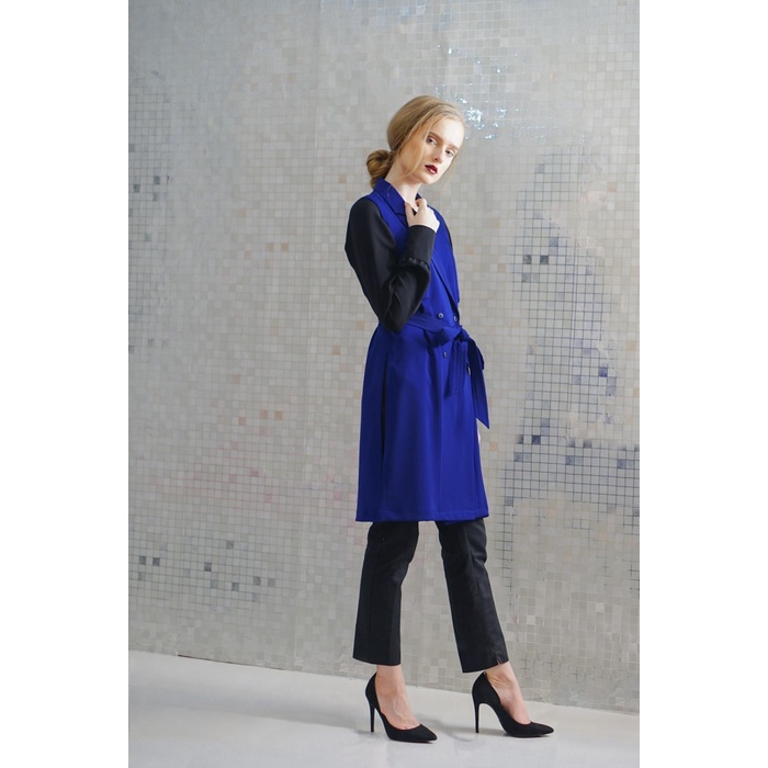 Blazer Wanita MARKAMARIE Lengan Pendek Biru Ambitious Waves Trench Vest S F8P4 Long Outer Promo Best