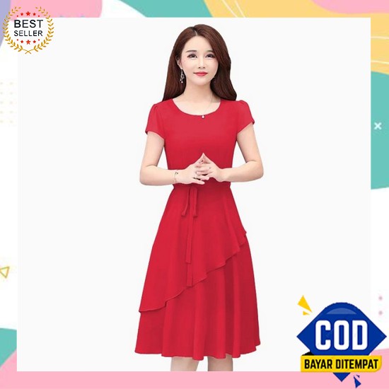 Dress Korea Korean Style Import Casual Dress Wanita Remaja Murah Kekin Dress Sifon Lengan Pendek Ga