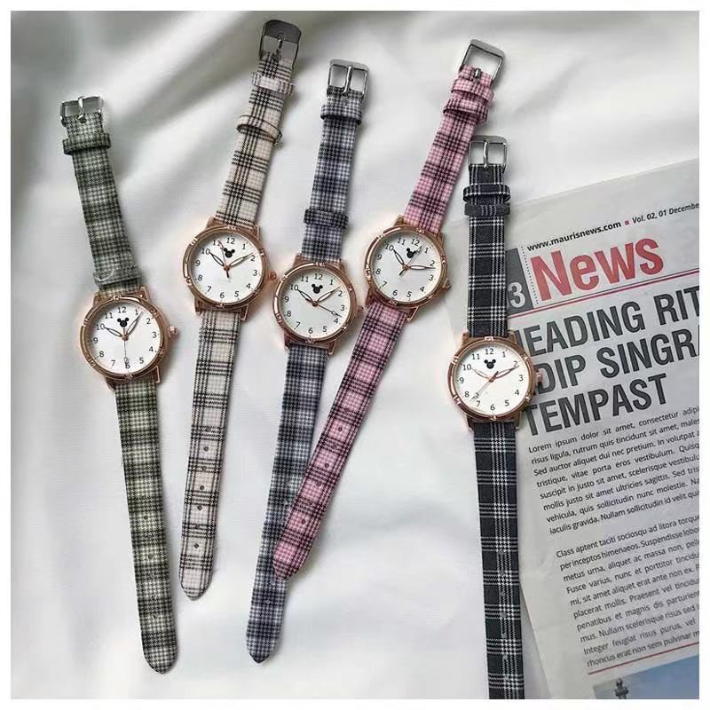 Jam Tangan Analog Wanita Strap Pu Kotak-Kotak Motif Mickey Gaya Korea Fashion Import