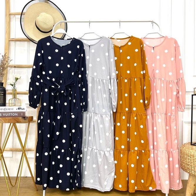 Gamis busui rempel 3 susun lengan balon tali pinggang pita motif polkadot besar bahan voxy merk coco