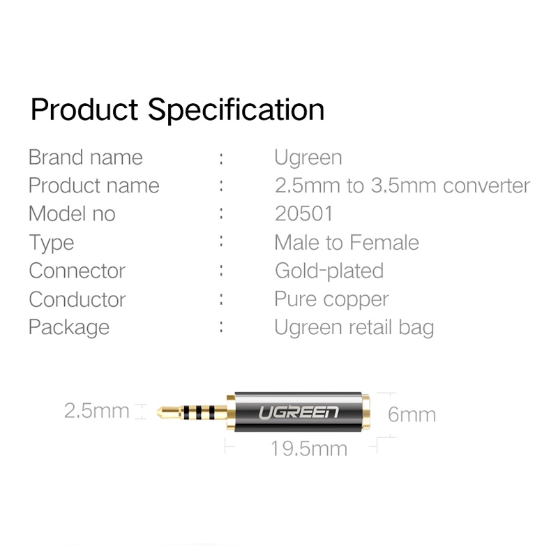 Ugreen Adapter Jack Audio 3.5mm Ke 2.5mm Untuk Kabel Aux / Speaker / Headphone