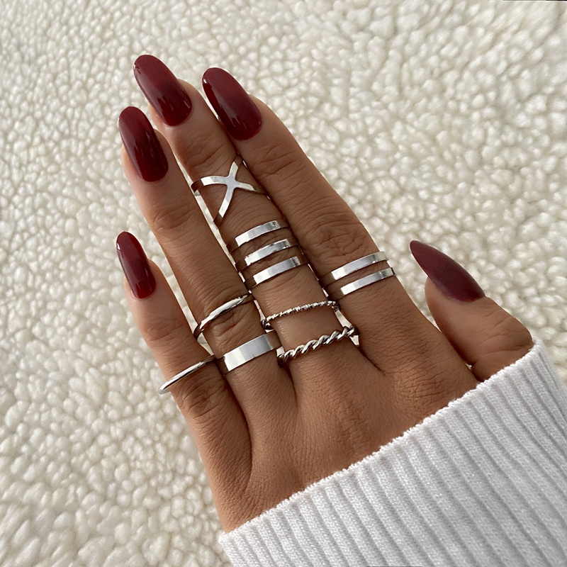 Fancyqube 8pcs / Set Cincin Geometris Bahan Alloy Warna Gold Ailver Untuk Wanita