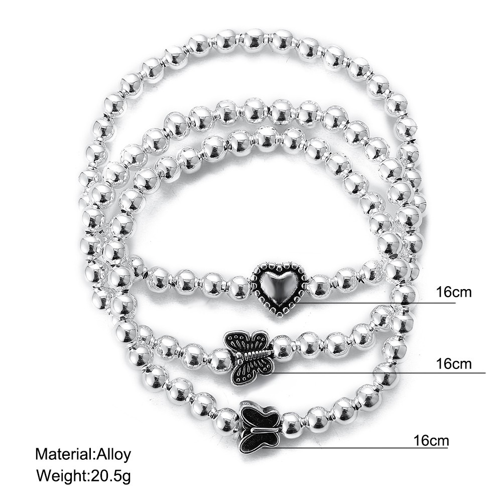 YEEZII 3pcs / Set Gelang Manik-Manik Bentuk Hati Butterfly Warna Silver Gaya Retro Untuk Wanita