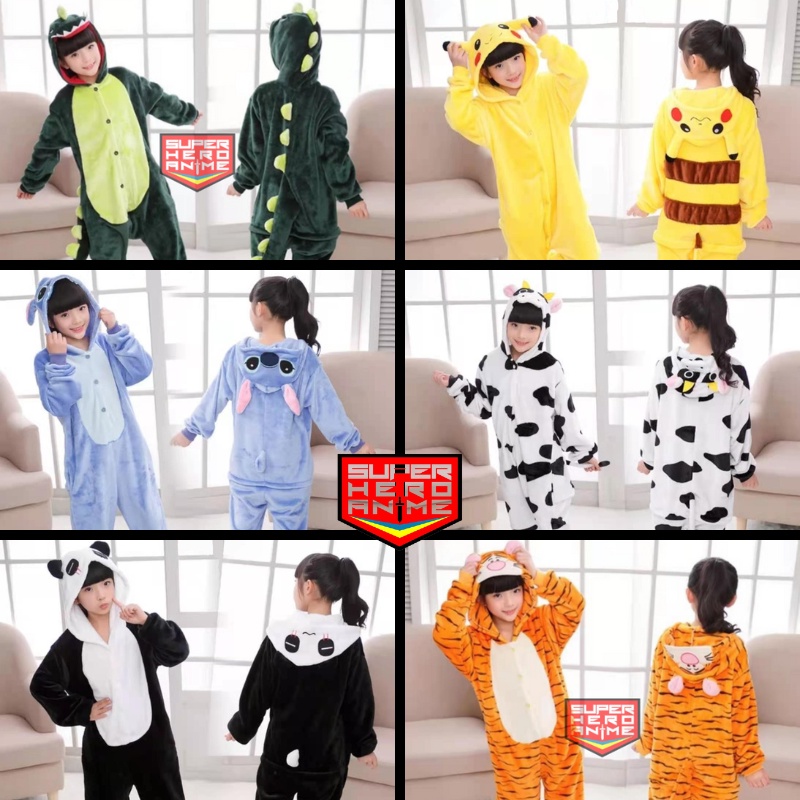 Onesie Anak Perempuan Laki Laki Dino Sapi Pikachu Tiger Stitch Panda Baju Tidur Kostum Karakter Animal Lucu Import