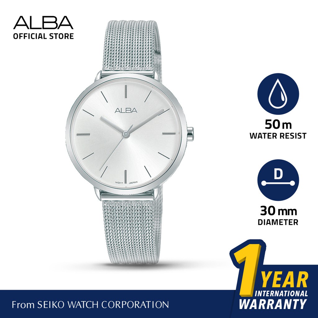 Alba Jam Tangan Wanita AH8715 / AH8715X1 Quartz Silver Dial Stainless Mesh Bracelet / Rantai Pasir S