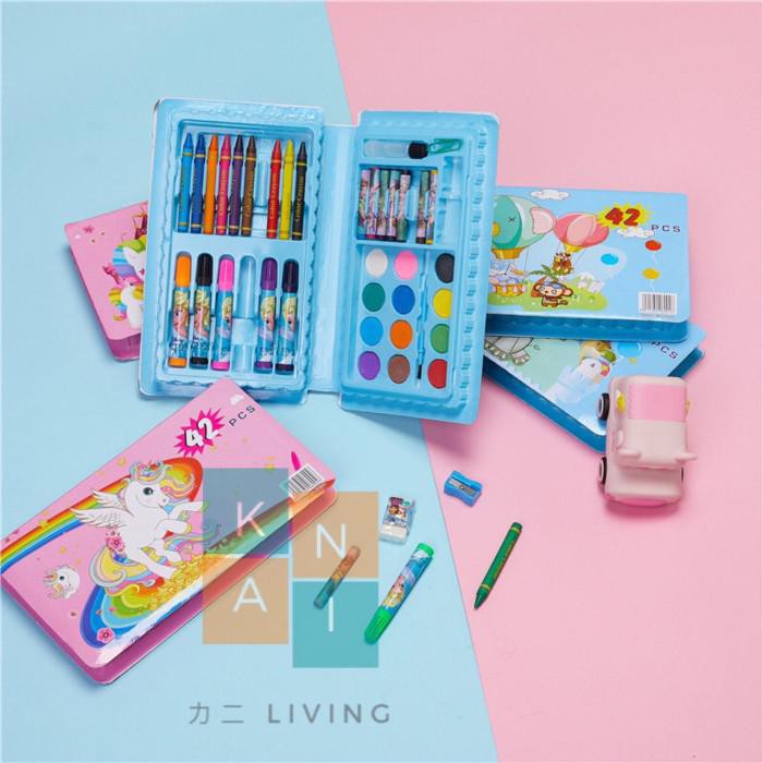 

Art / Crayon Set Anak Pensil Warna 42 Pcs Alat Lukis Mewarnai Gambar Cat Air - Biru Muda, Random