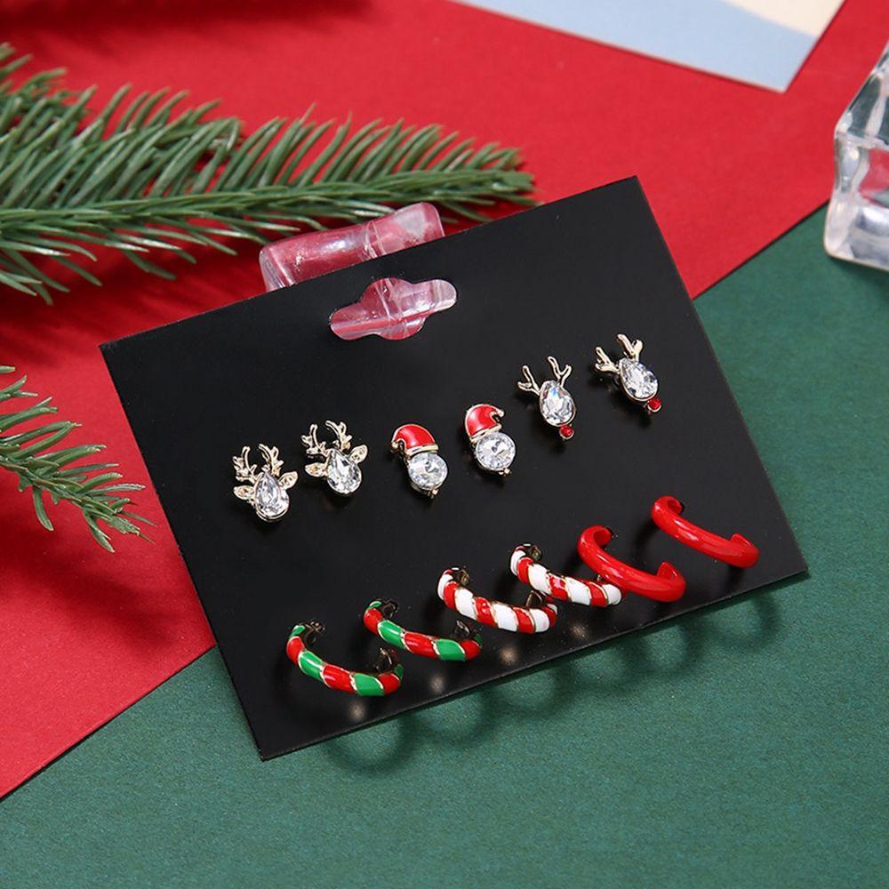 Mxbeauty Anting Natal Set Kepribadian Lucu Paduan Elk Gingerbread Man Pohon Natal Snowman C Shape Earrings Gaya Korea Earrings