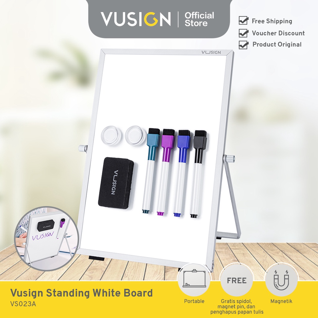 Vusign Standing White Board Papan Tulis Berdiri 30.5 x 20 cm Portable Gratis Spidol Magnet Pin Pengh
