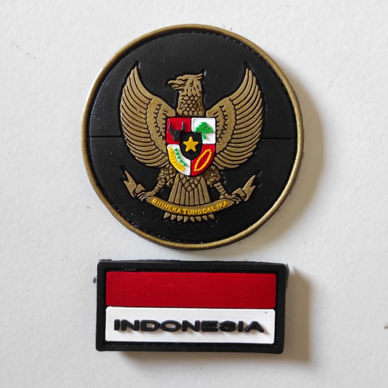 PATCH RUBBER SATU SET LOGO GARUDA BULAT COKLAT+BENDERA KECIL/TEMPELAN EMBLEM KARET VELCRO