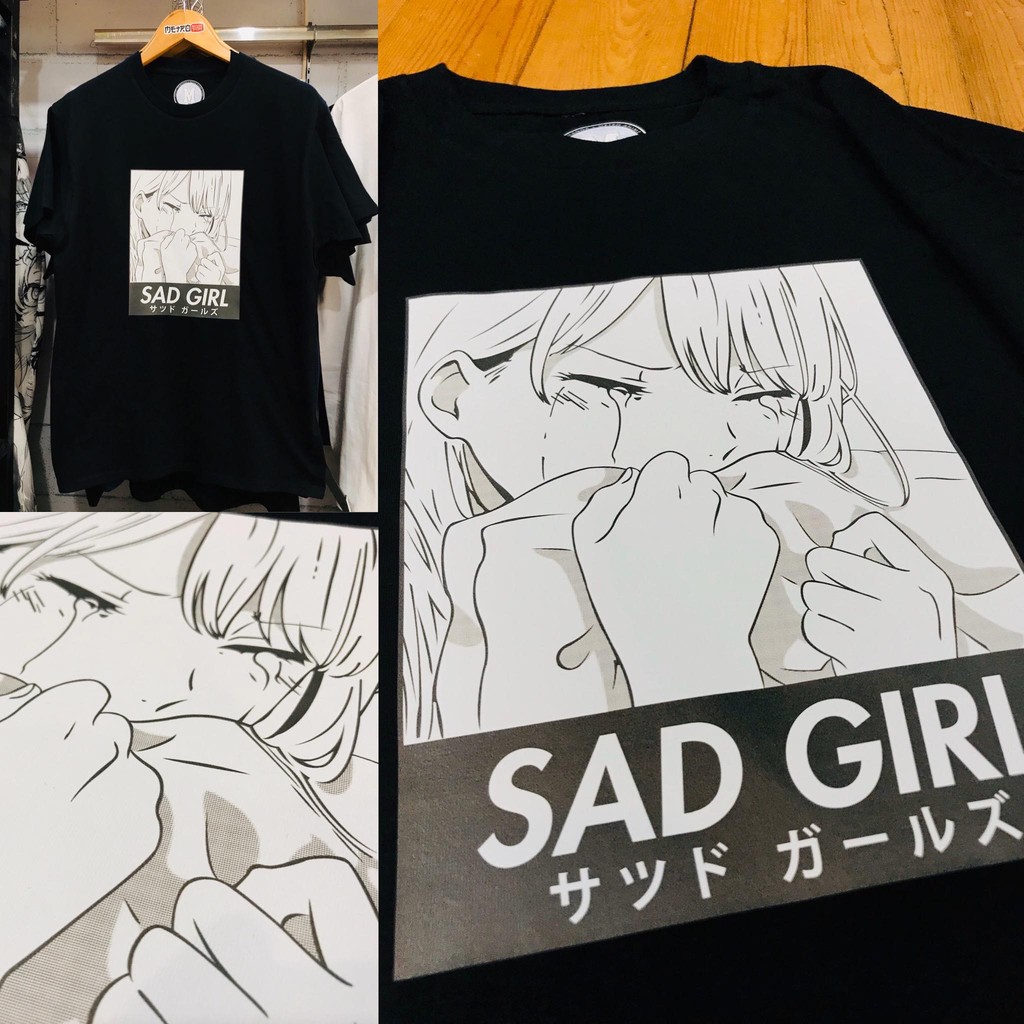 Tshirt Sad Girl Kawaii Pillow Black