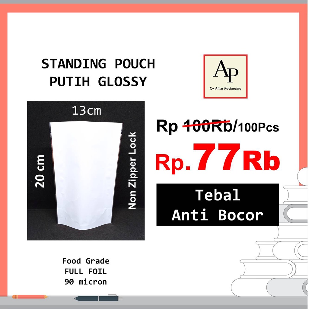 

Standing Pouch Alumunium Foil Warna Putih Glossy 13X20 Kemasan Plastik Klip Aluminium Foil Food Grade Non Ziplock Kantong Kopi Teh Snack Camilan Cemilan Bukan Kpack