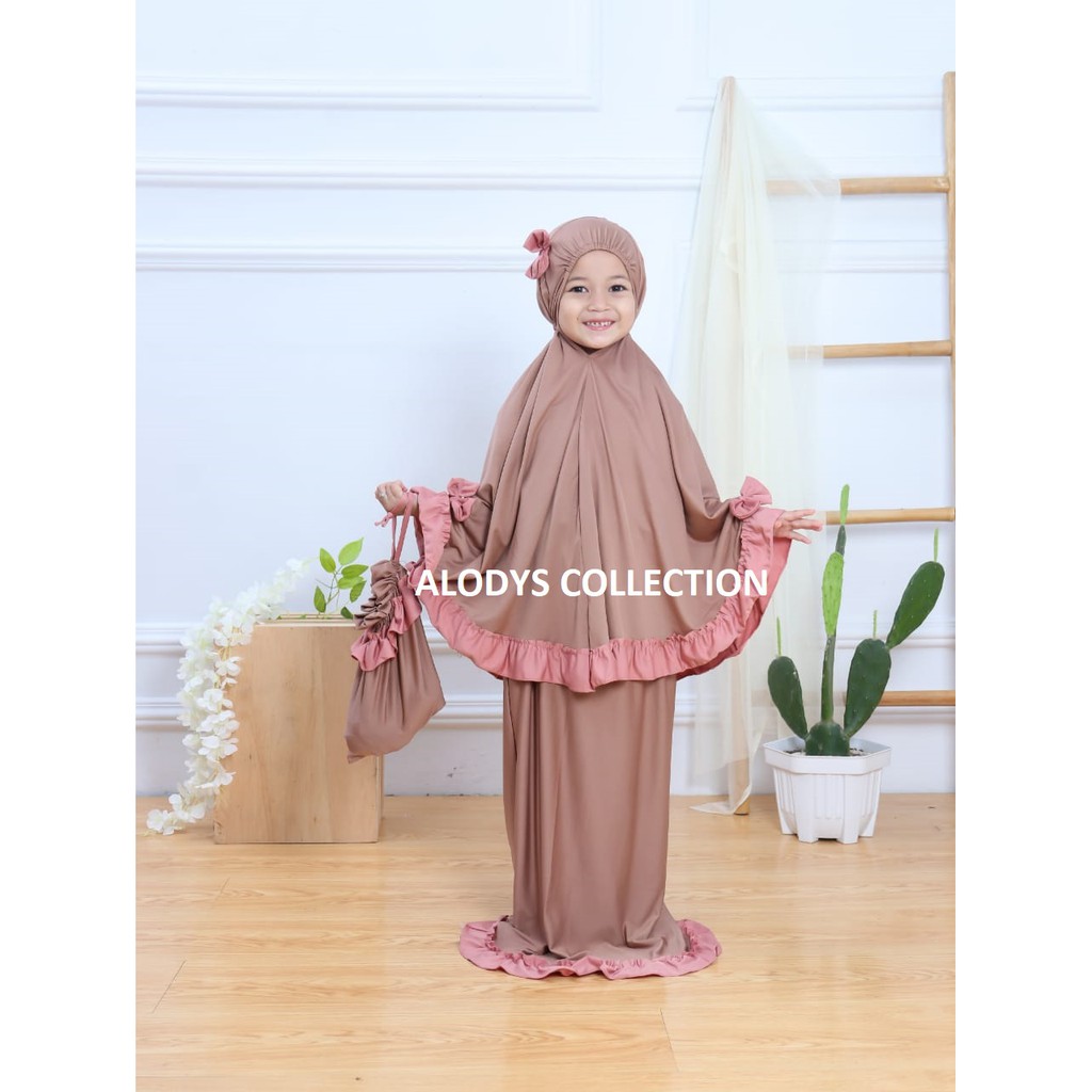 Mukena Anak Variasi Pita 3 Rempel Size M Usia 2-5 Tahun Bahan Jersey Termurah / Alody's Collection