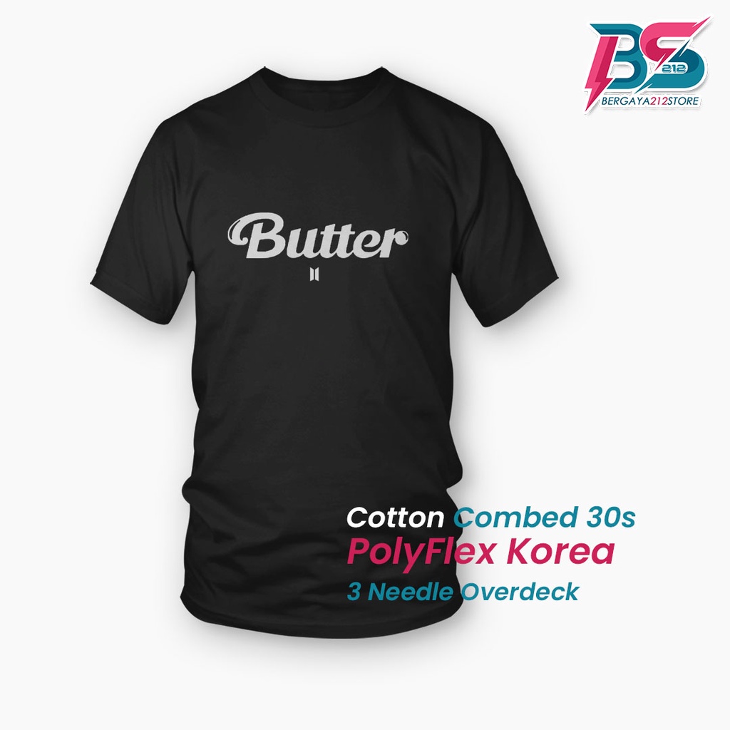 Kaos Distro BUTTER BTS Cotton Combed Sablon Unisex / Baju Logo Tulisan Kata