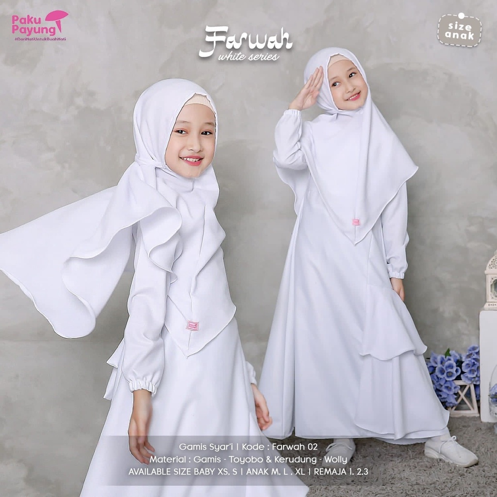 Gamis Anak Perempuan Putih Polos Manasik Farwah Series Usia 1-13tahun by Paku payung