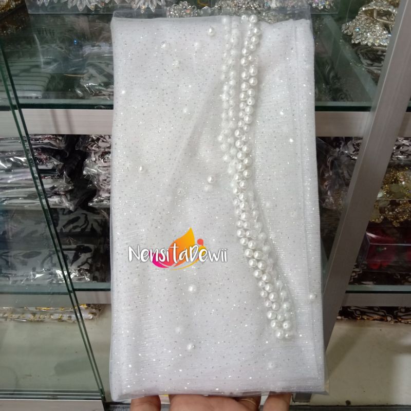KERUDUNG PENGANTIN / VEIL MUTIARA MOTIF AKAR / VEIL MUTIARA POLOS / VEIL PENGANTIN-Putih (Polos)