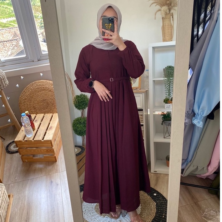 Cyra Dress Gamis Rempel Mewah Resleting Depan Bahan Wolfis | Wolpeach HQ Dilengkapi Belt Cantik  REALPICT BY GABRIELFASHION-3