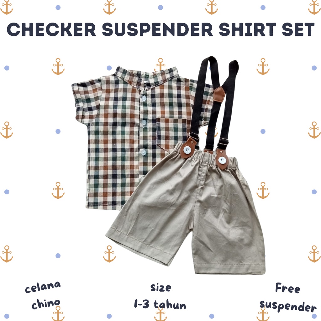 GROSIR  checker SUSPENDER SHIRT SET