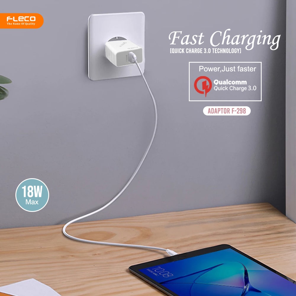 Charger Travel Adaptor FLECO F-298 Colokan USB Fast Charging Qualcomm QC3.0 Cas Quick Charging + Vooc