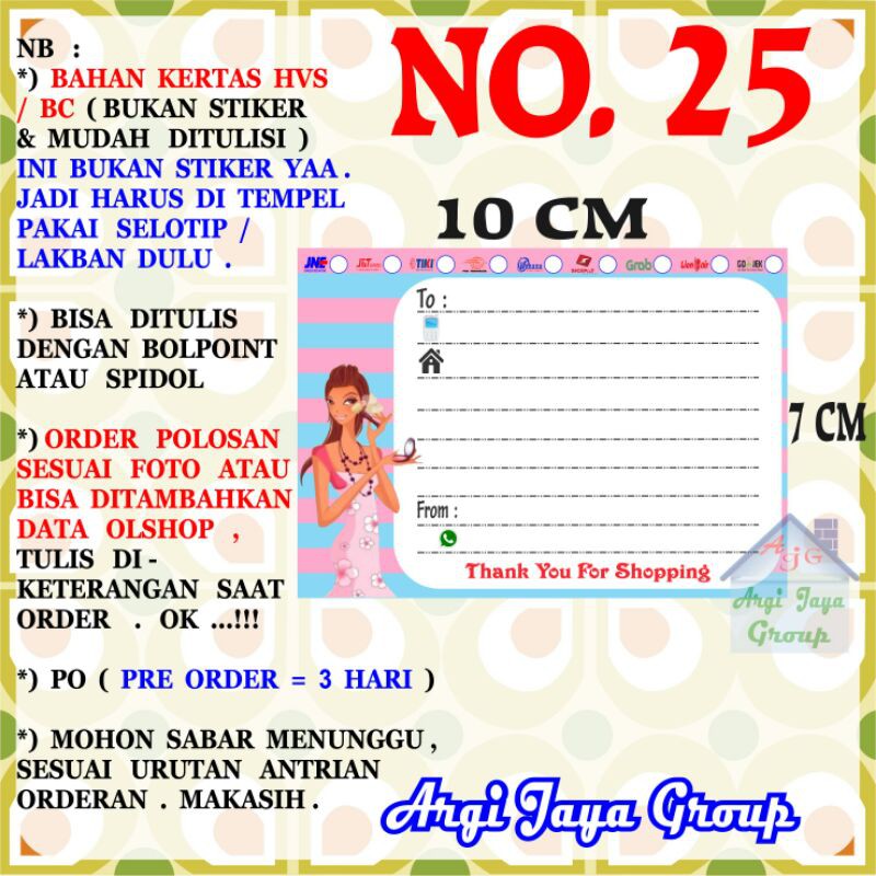 

Label Pengiriman Alamat Olshop Murah Nomer 25 - 10x7cm - Kertas BC (Manila)