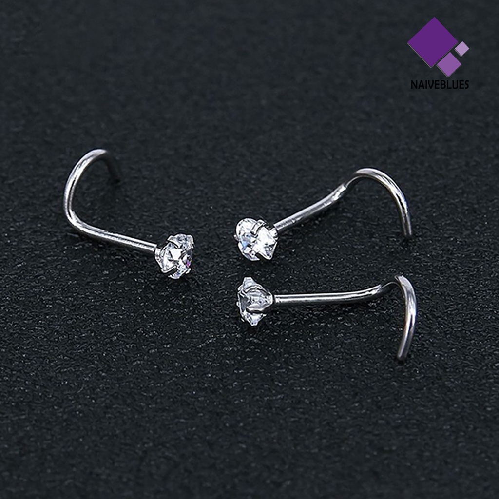 Naiveblue 3Pcs Cincin Tindik Hidung Bahan Baja Bentuk Bintang / Hati Hias Cubic Zircon