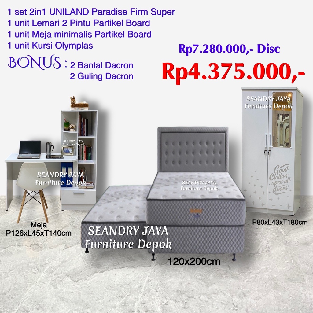 PAKET PERLENGKAPAN KAMAR TIDUR 120/LEMARI/MEJA KERJA DAN RAK BUKU