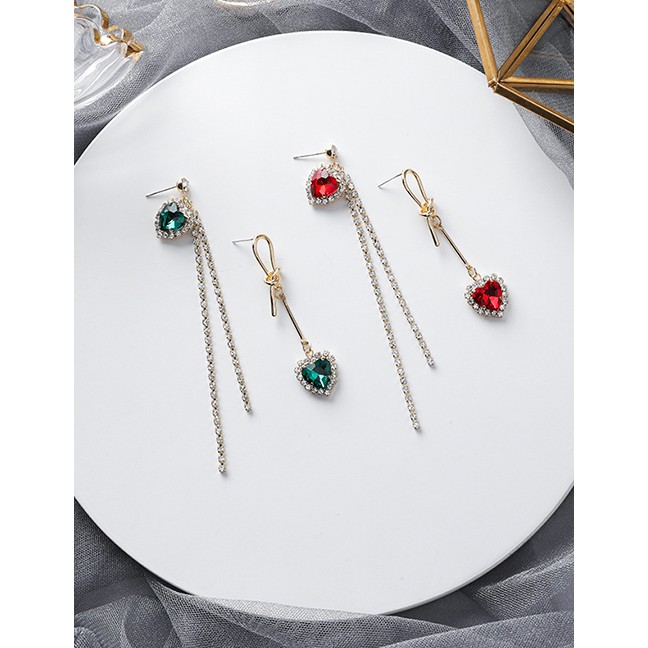 LRC Anting Tusuk Fashion Red 925 Silver Studded Rhinestone Asymmetric Tassel Earrings D49916