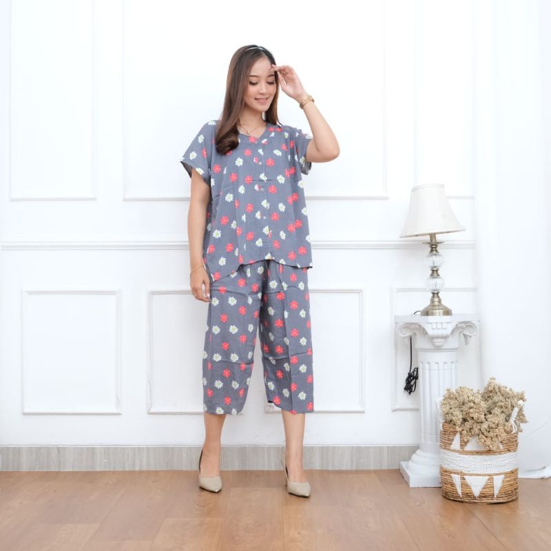 Piyama kancing celana 7/8  depan Busui babydoll wanita Hits baju tidur perempuan one set jumbo pajamas