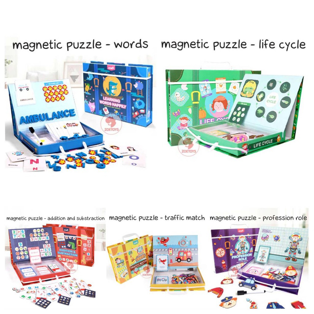 Zoetoys Magnetic Puzzle Life Cycle Words Add Body Traffic Time Bin Sorting UCMD Suitcase | Mainan Belajar Mengenal Waktu Wooden Clock Magnet Counting Time Toys Alphabet A-Z Cari Kado Natal