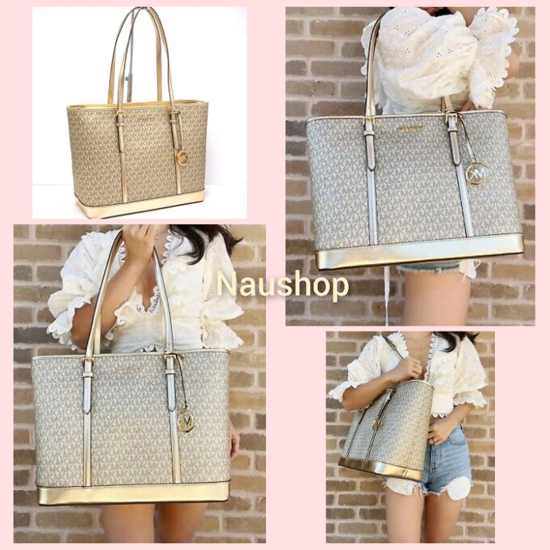 Michael Kors MK Jet set travel Large TZ Top Zip shoulder tote Pale Gold nwt