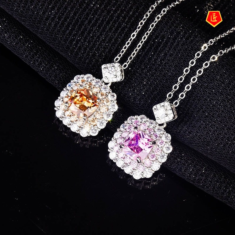 [Ready Stock]Pink Square Diamond Group Inlaid Zircon Colored Gems Pendant Women's Fashion All-Matching