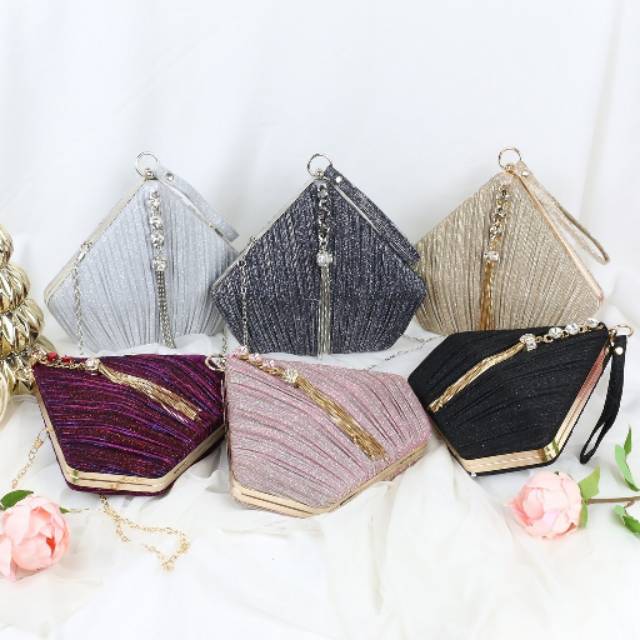 tas pesta segitiga ketupat lebaran trapesium prisma unik triangle clutch import satin premium elegan